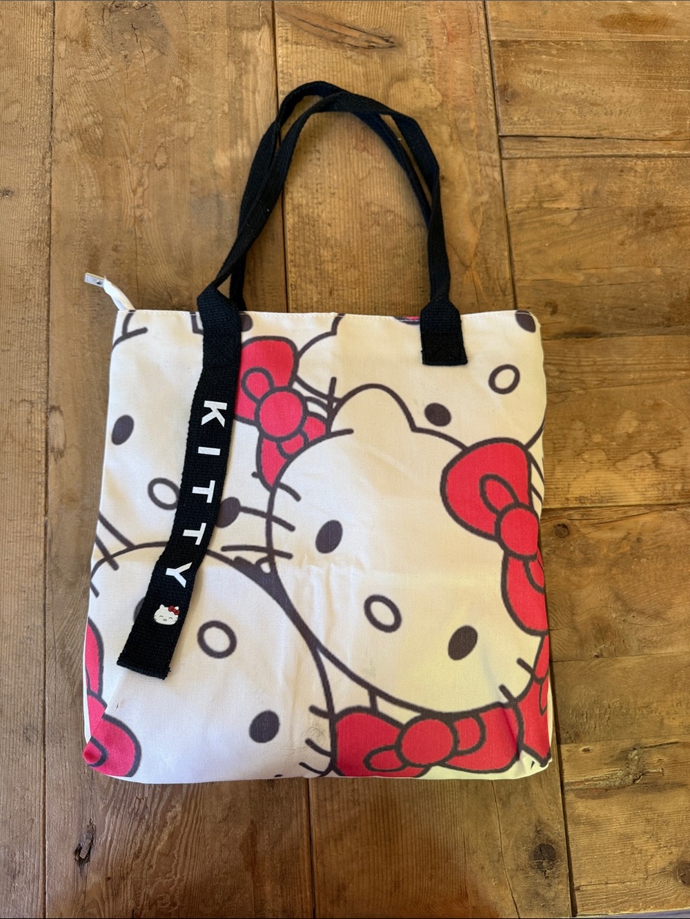 Hello Kitty Canvas Tote with Black Straps and Red Bow Accents